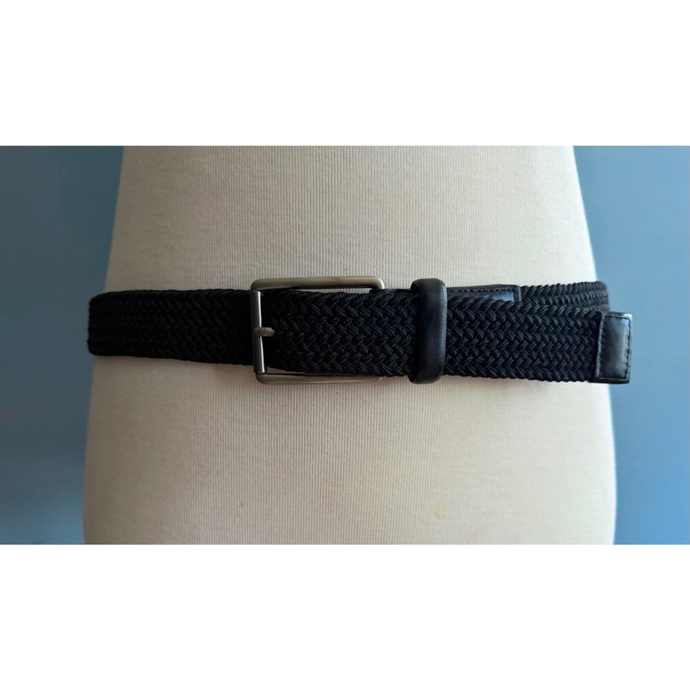 Original PENGUIN Black Stretch Woven Belt w/Leather Trim sz 36